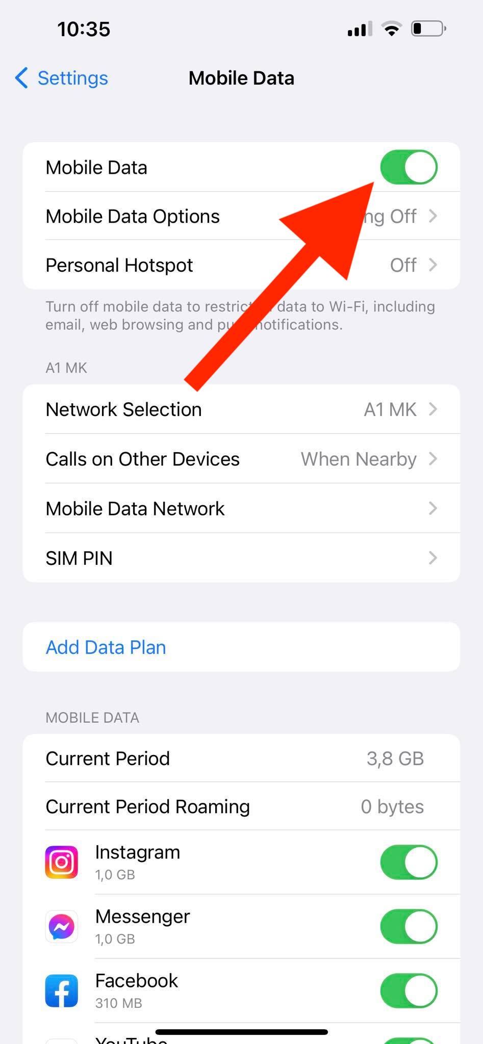 Check if mobile data is toggled on