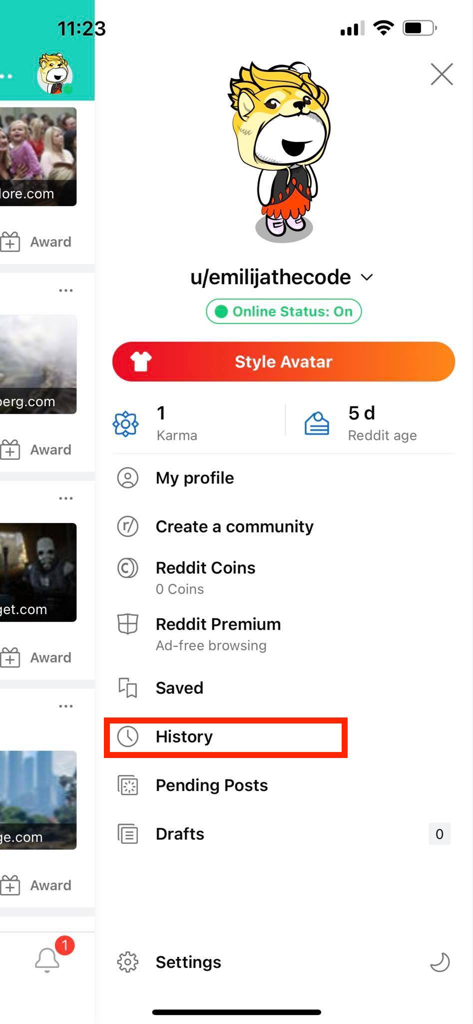 reddit history tab