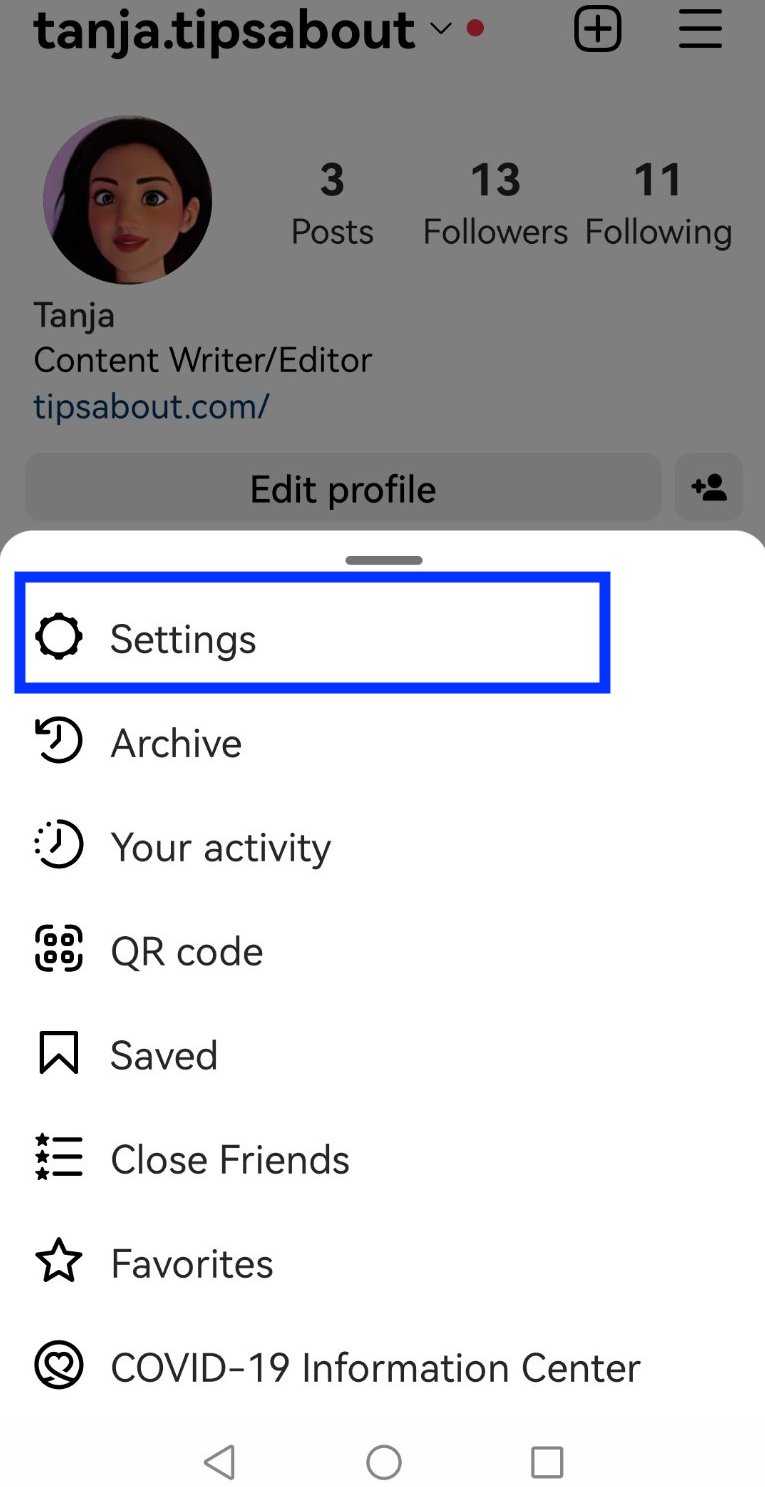 Settings option - Instagram