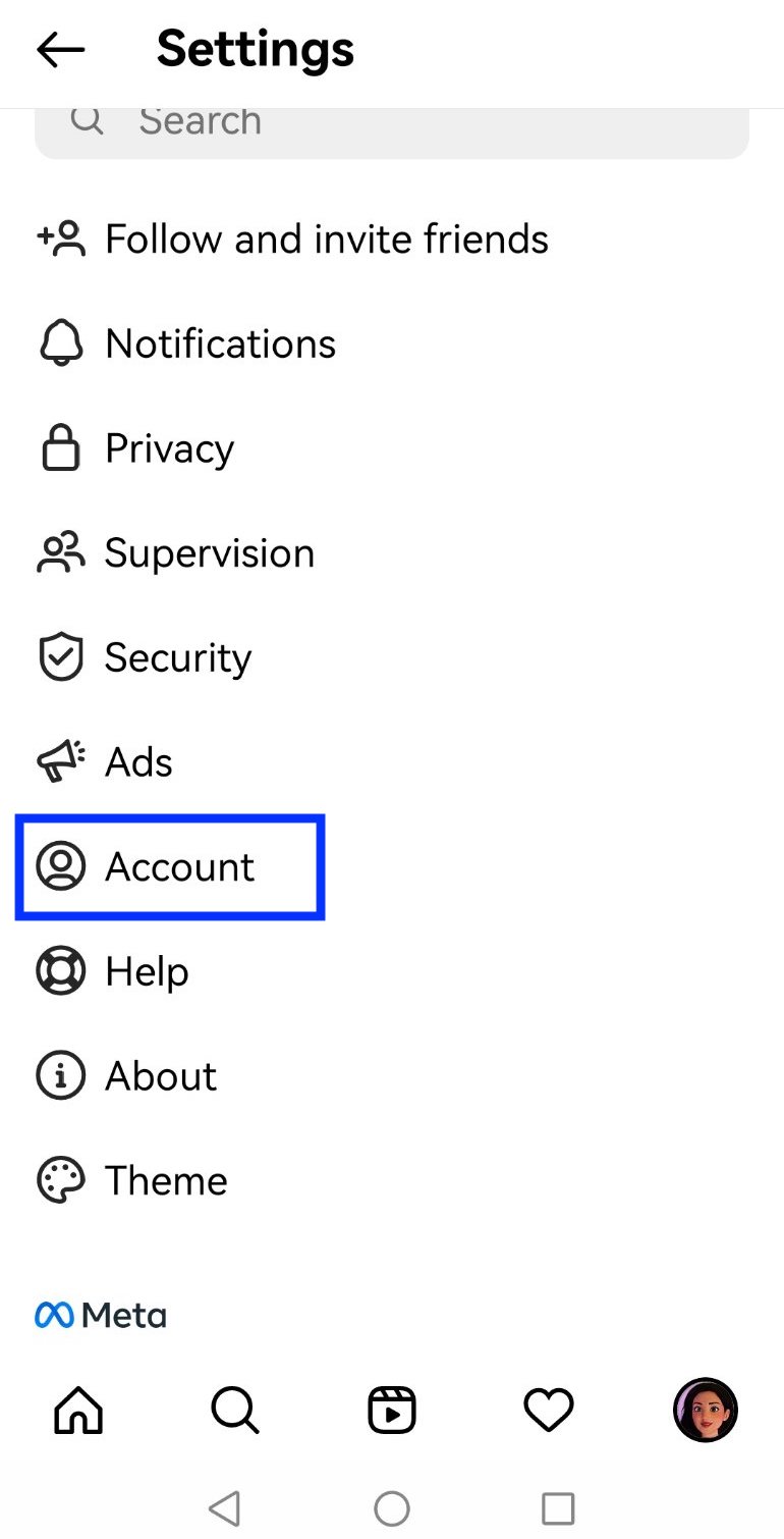 Instagram options and Account