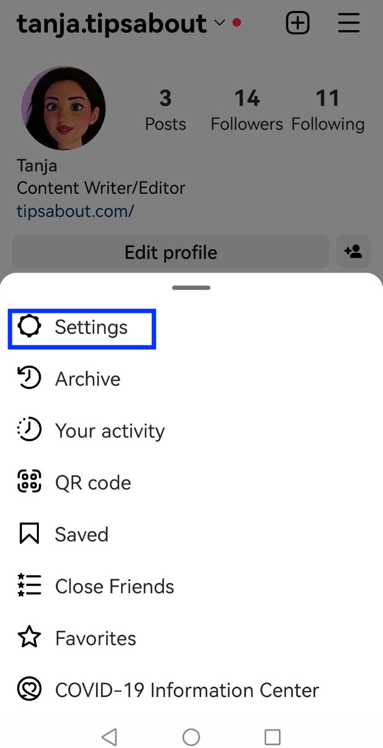 Instagram options and Settings