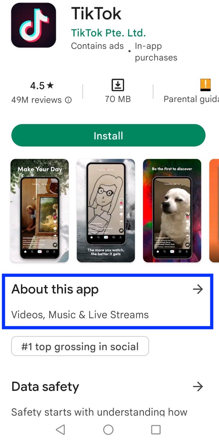 About this app Android options 