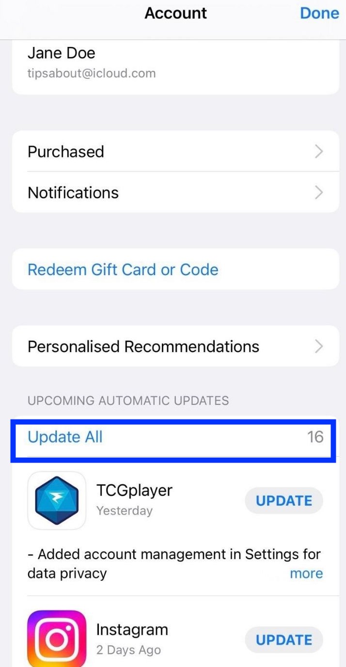 Update All option on iPhone