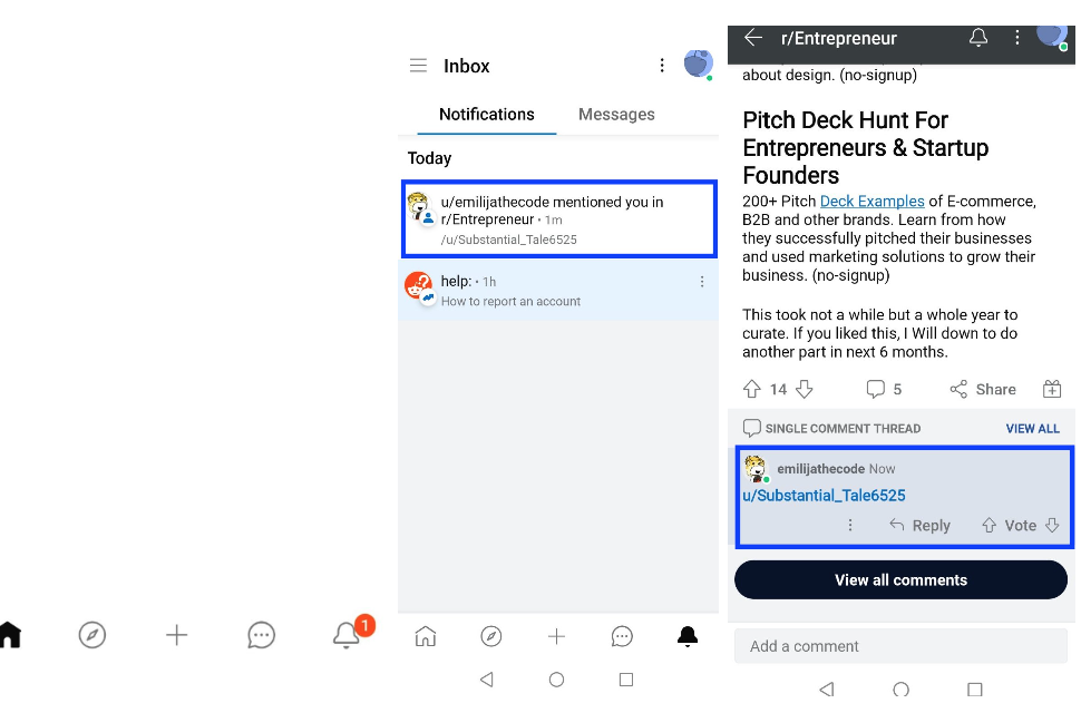 Reddit opitons, rign icon and notifications section