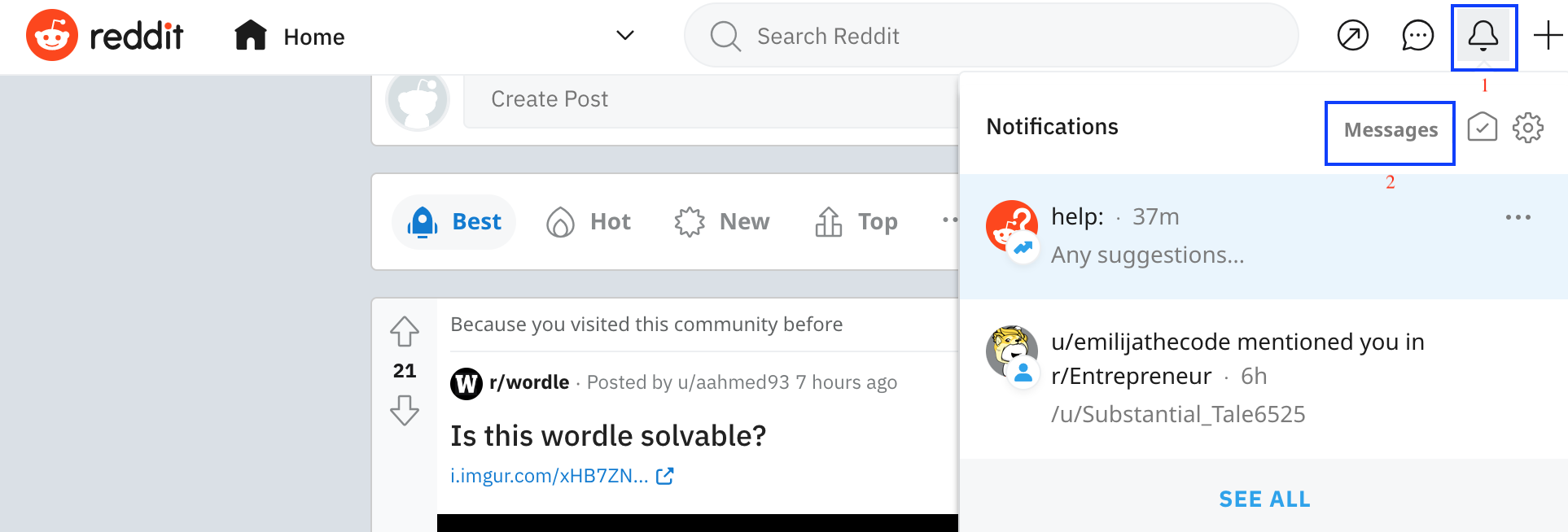 Ring icon and messages section on Reddit