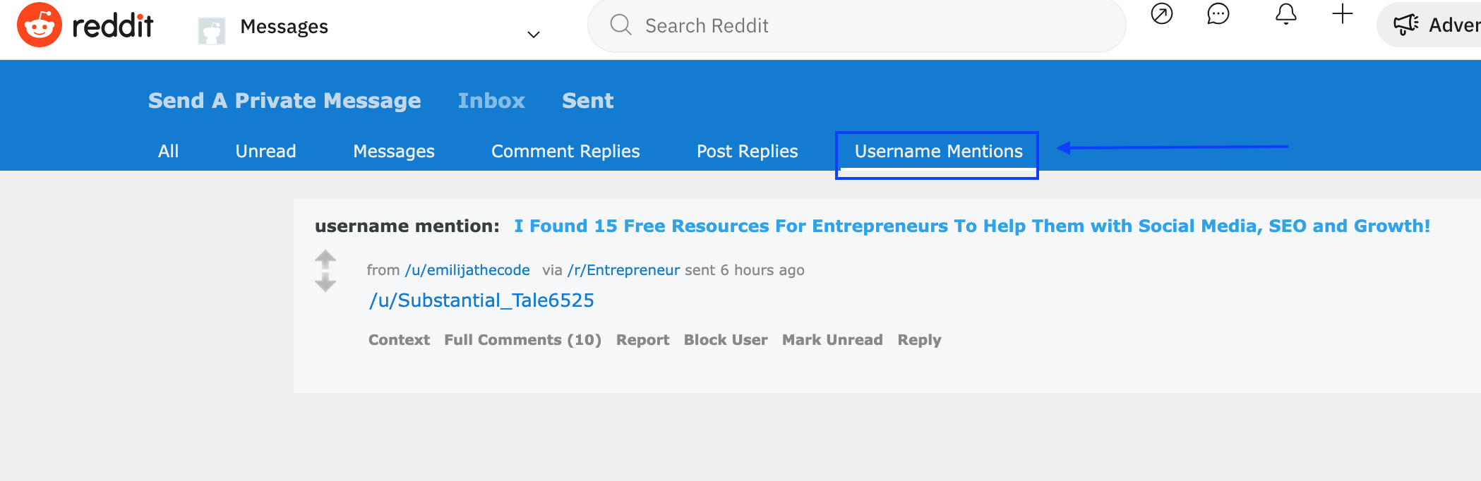 Username mentions on Reddit
