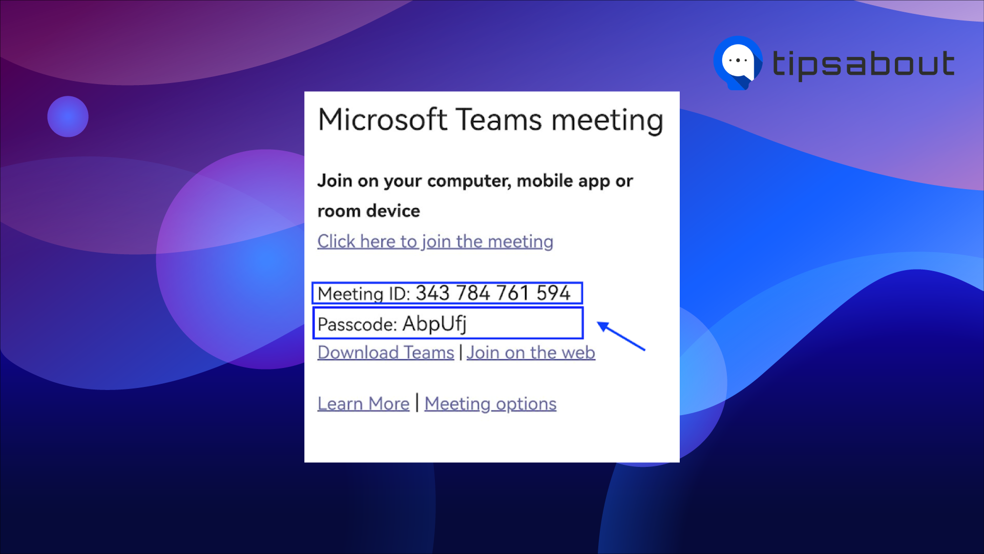 Copy meeting ID and passcode on MS Teams