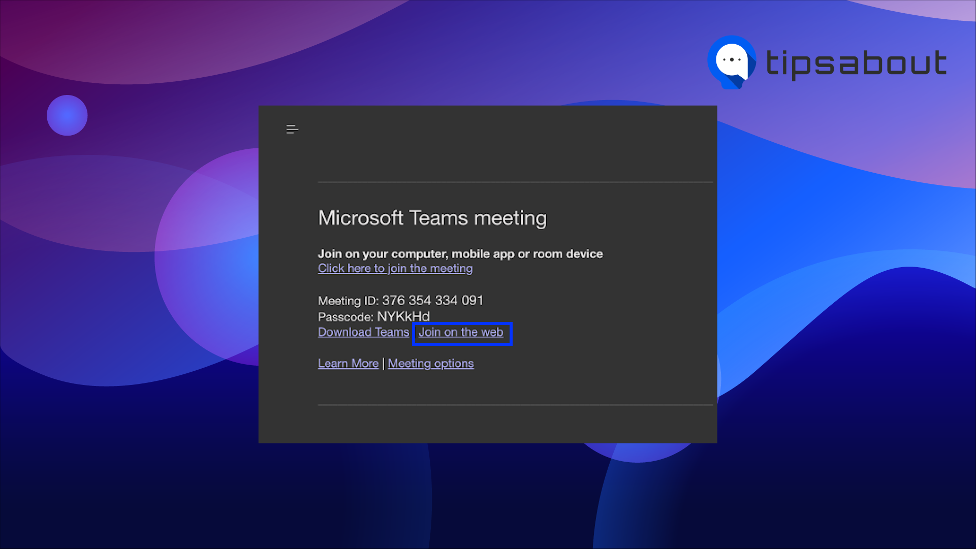 Join on the web option on MS Teams 