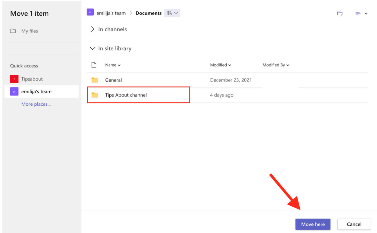 Move here option in Microsoft Teams