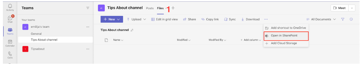 Open in SharePoint option in Microsoft Teams 