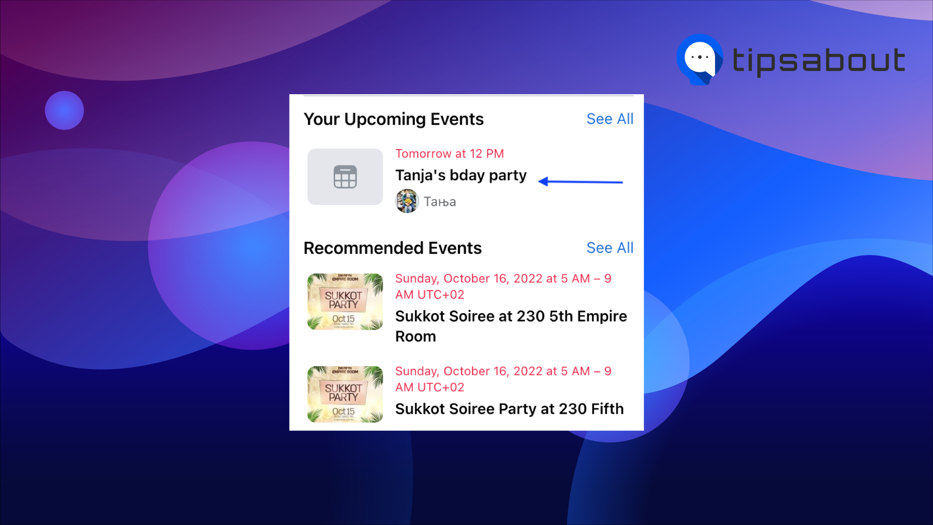 Your Upcoming Event option on Facebook Event 