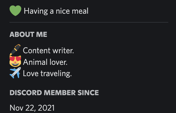 discord status and about me section